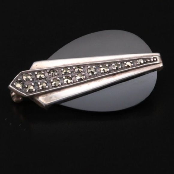 Vintage Art Deco Sterling And Onyx Brooch - Picture 3 of 6
